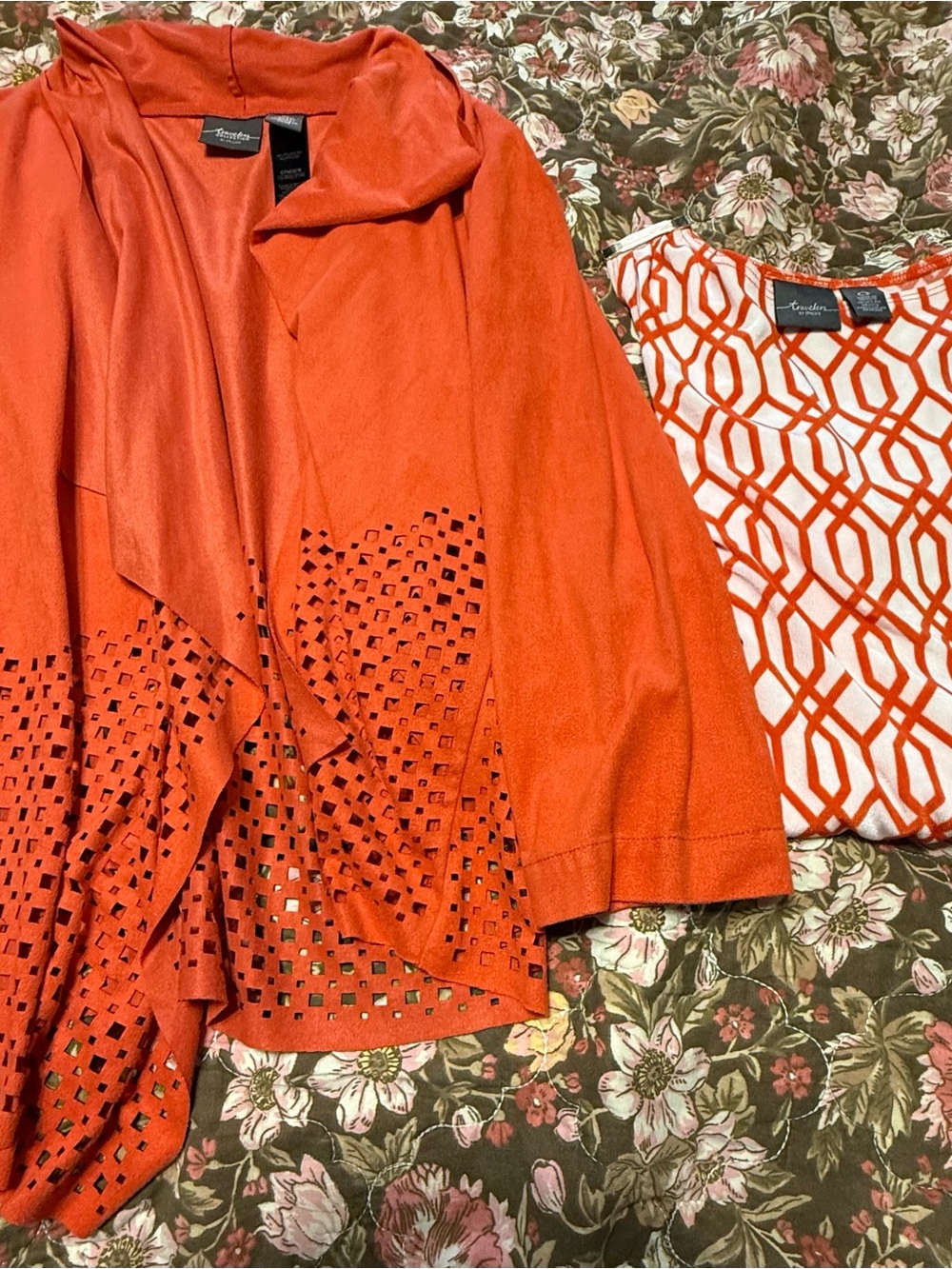 Traveler’s Chico's Bold Orange Patterned Blouse with light shrug